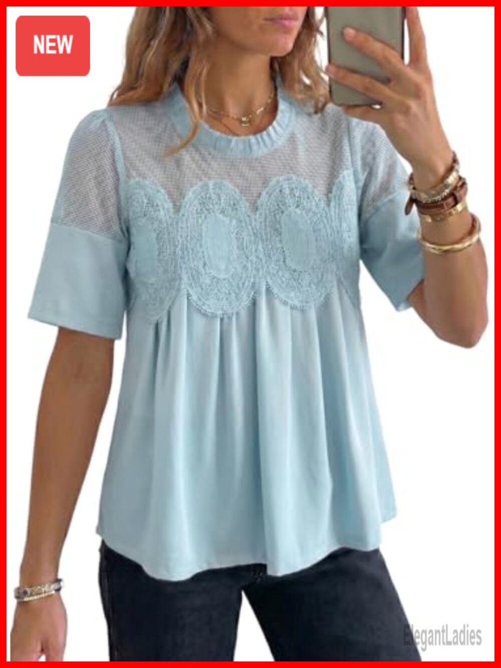 Lace Blouse Flared Short Sleeve Embroidered Mesh Shirt